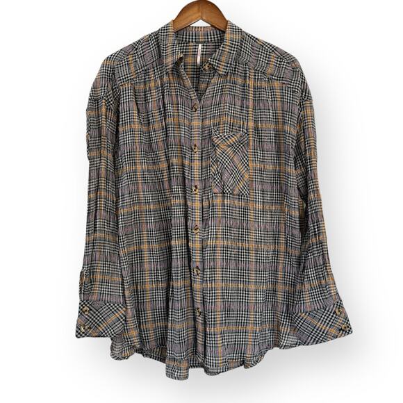 Free People Break My Stride Black/White Metallic SMALL Button Up Top Oversized - Picture 3 of 9